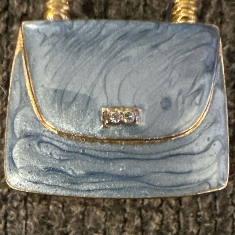 Vintage Gray Blue Goldtone Bag Purse Handbag Brooch Pin - Picture 2 of 4